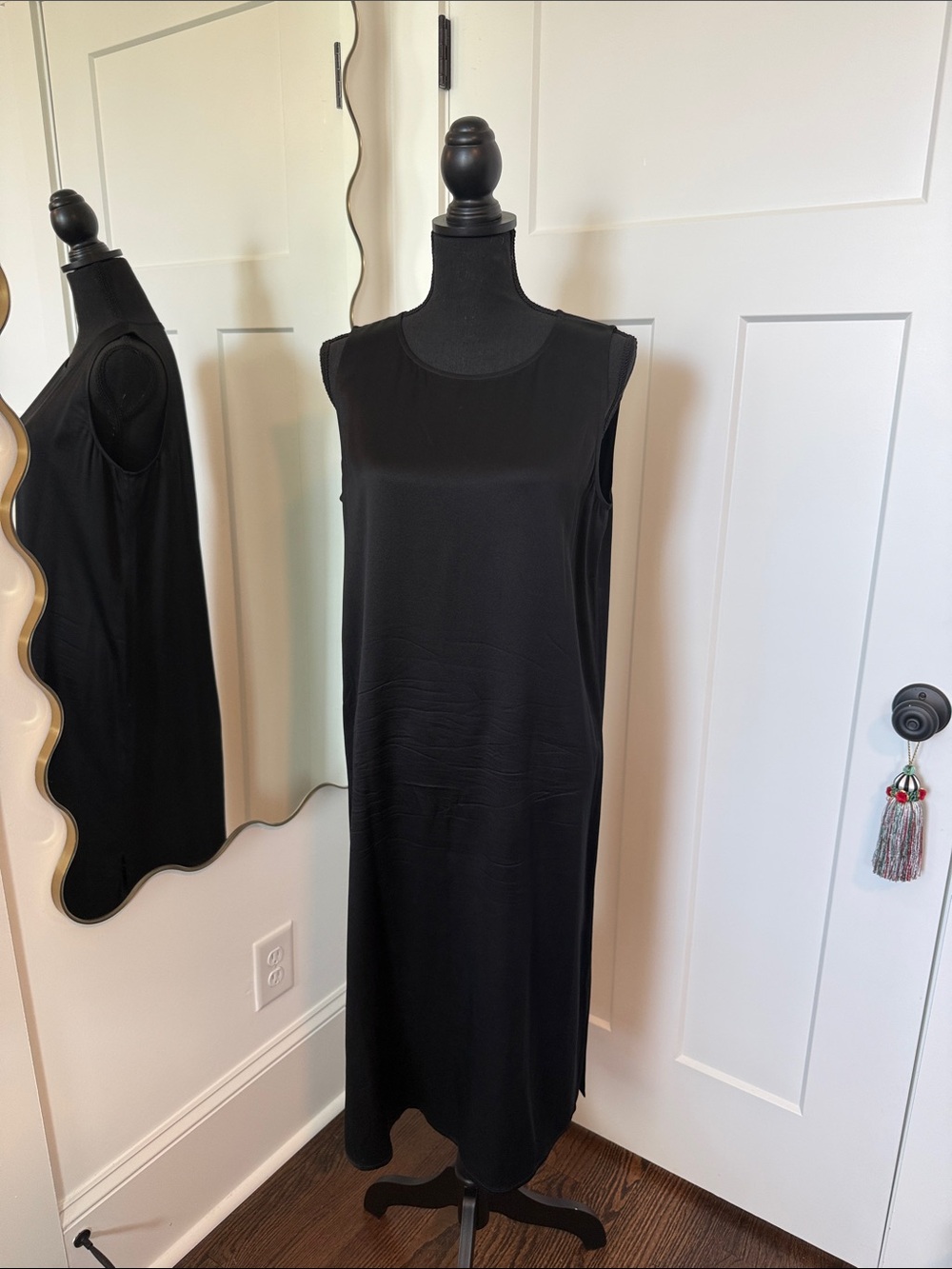 Eileen Fisher Black Silk Sleeveless Midi Shift Dress